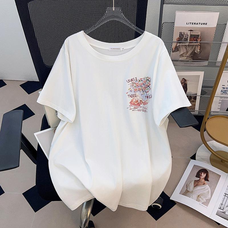 Plus Size Mid-Length Loose Slimming Round Neck Short Sleeve T-shirt for Women (200/300/350 Jin)