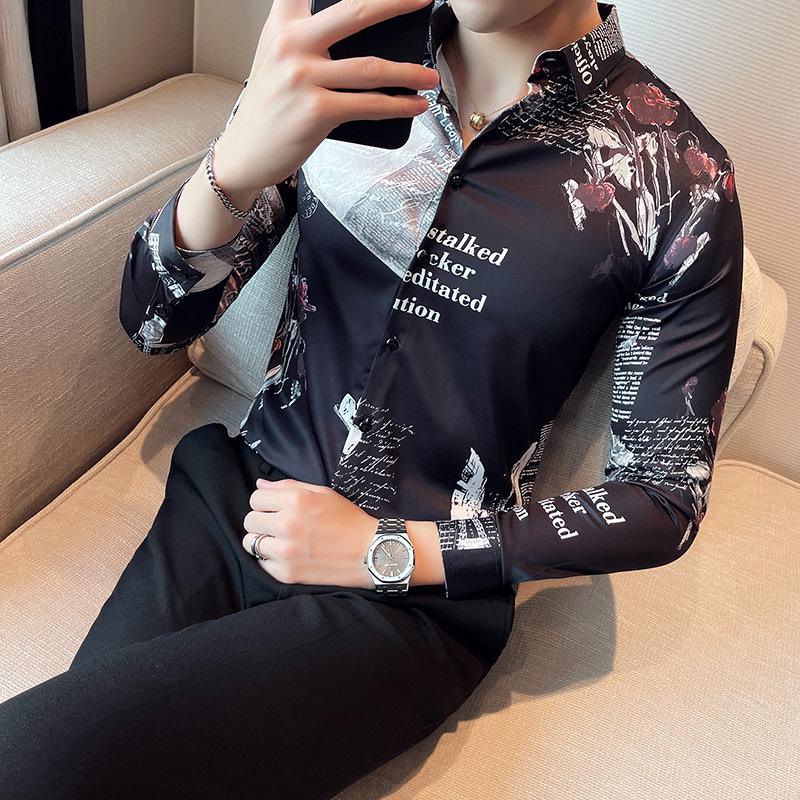 Four Seasons Men's Fashion Long Sleeve European & American Print Shirt 2703