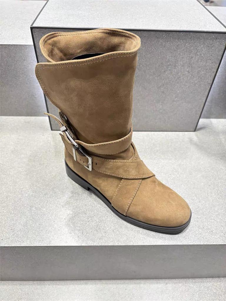 Sheepskin version~ Korean niche round head thick heel cross belt buckle Martin boots folded two wear cowboy boots women's short boots