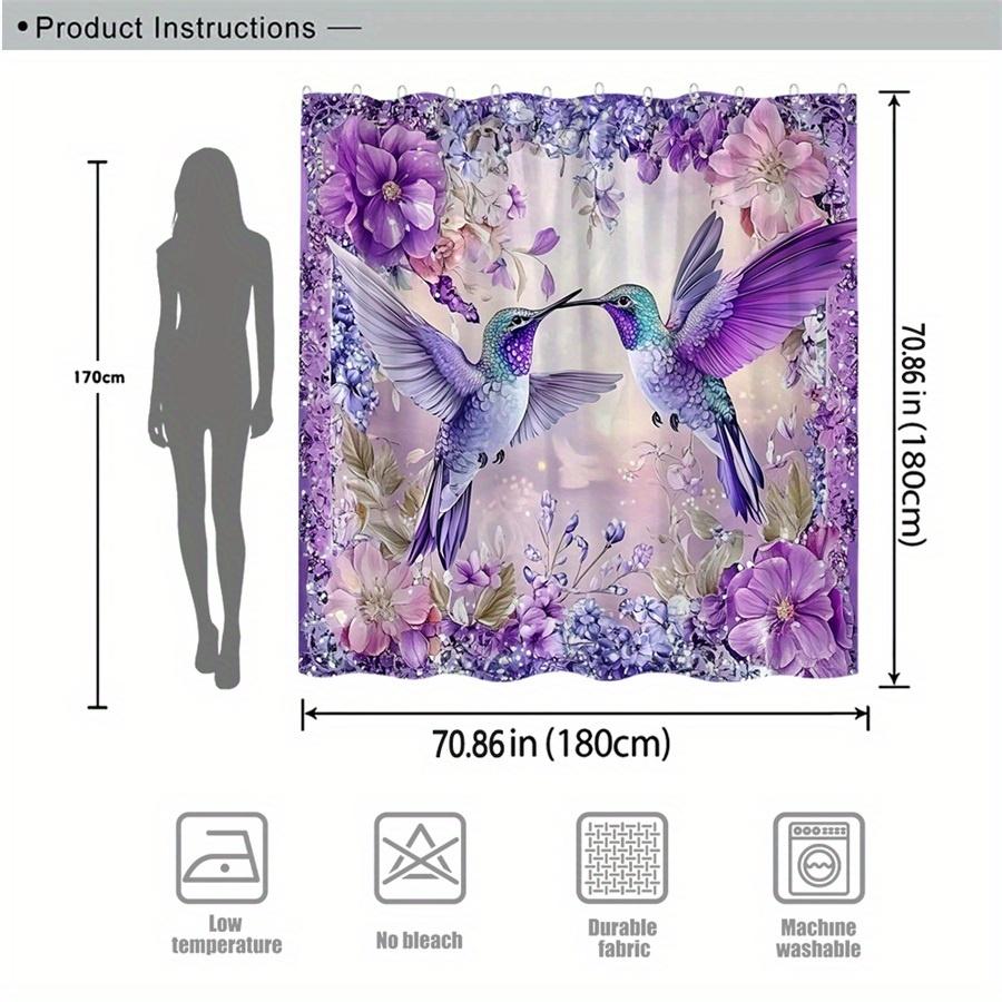 3D Purple Hummingbird And Flower Shower Curtain Waterproof Bath Decor Romantic Artistic Bathroom Curtains For Women