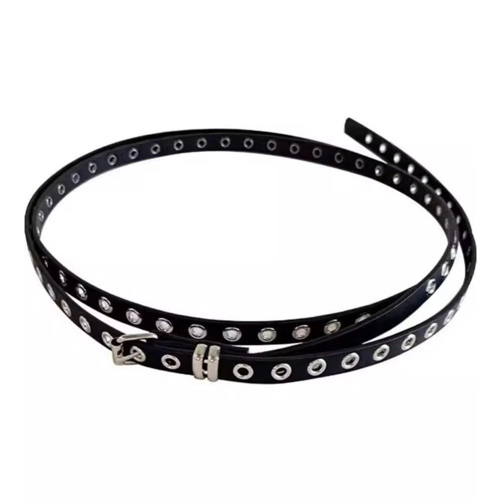 Adjustable Double Loop Thin Belt PU Leather High Quality Waist Chain Double Layer Rivet Eyelet Buckle Belts Dress Accessories