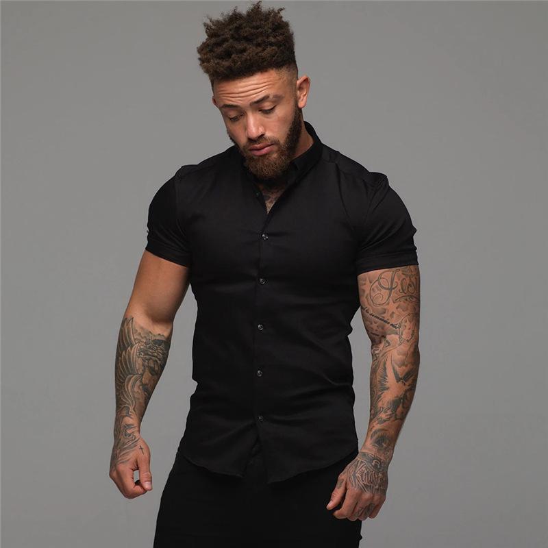 Stretch Thin Solid Color Sports Casual Cardigan Business Shirt Men's Fitness Short-sleeved Lapel Shirt