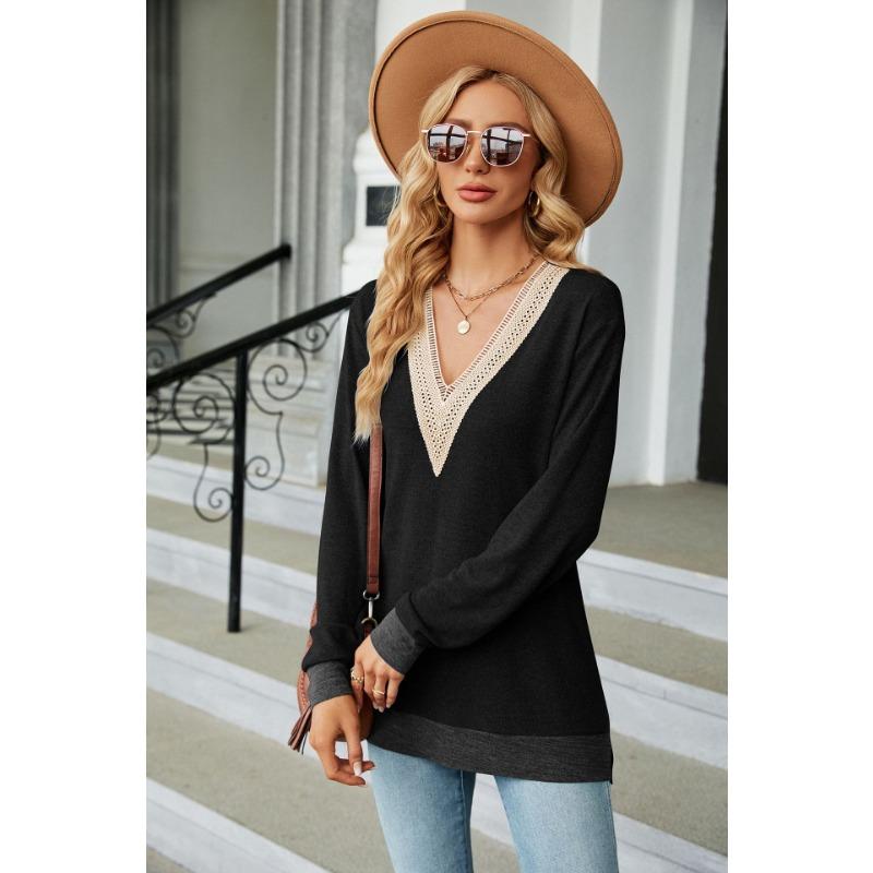 Autumn and Winter Lace V-neck Contrasting Contrasting Slit Loose Long-sleeved T-shirt Tops for Women