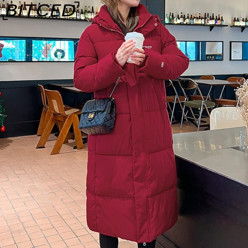 BITCED Long-Length Over-the-Knee Hooded Cotton Coat for Women Winter Oversized Cotton Jacket Thickened Warm Bread-Style Padded Coat