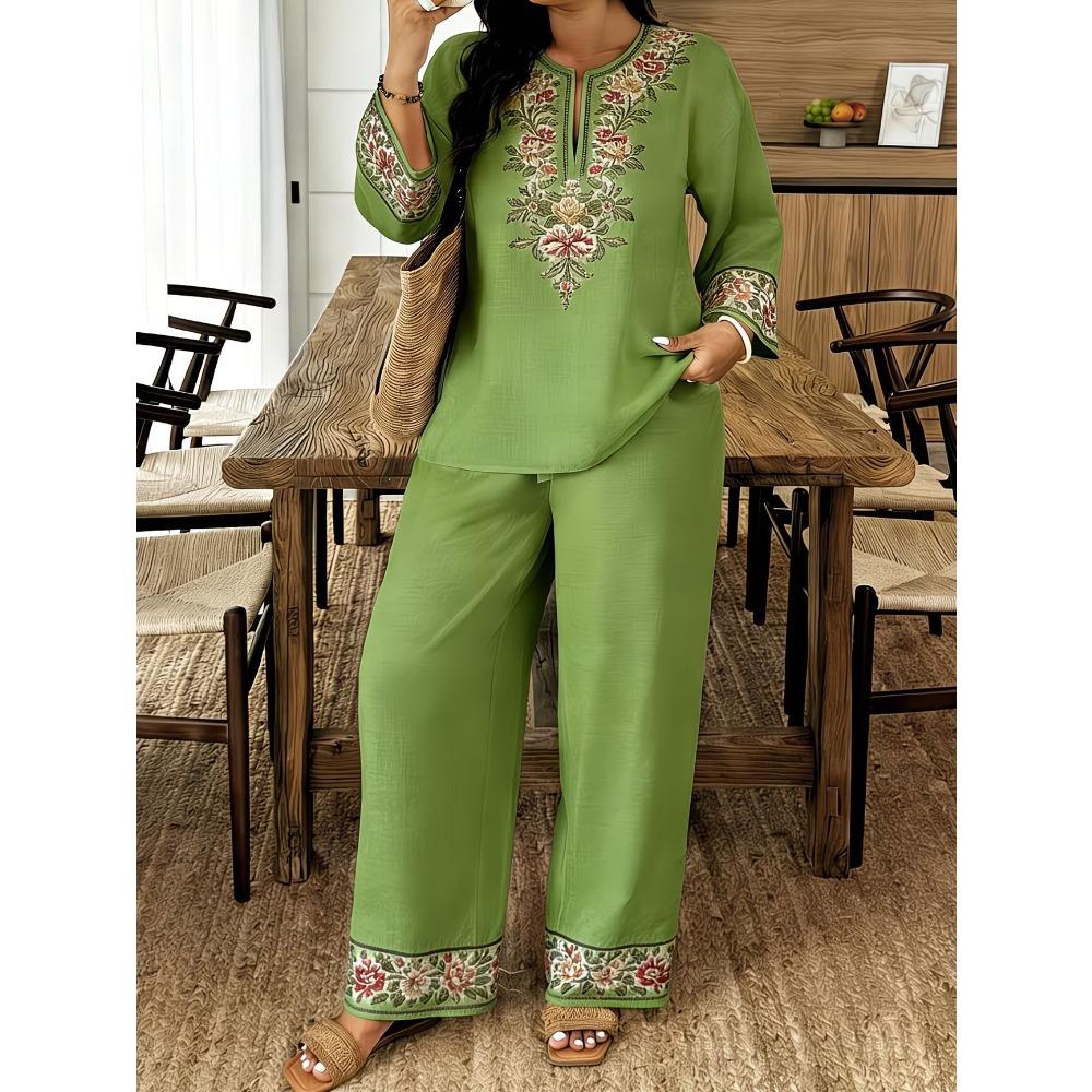 Damen Frühling Sommer Neues 2-teiliges Outfit, V-Ausschnitt 3/4-Ärmel Knopfleiste Hemd & Bedruckte Elastische Taille Lange Hose Set, Digitaldruck Maschine Lässiger Anzug