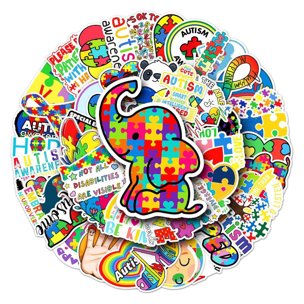 Caring for Autism Waterproof Stickers: 50 Cartoon Designs for Suitcase, Scooter, & Tablet Decoration