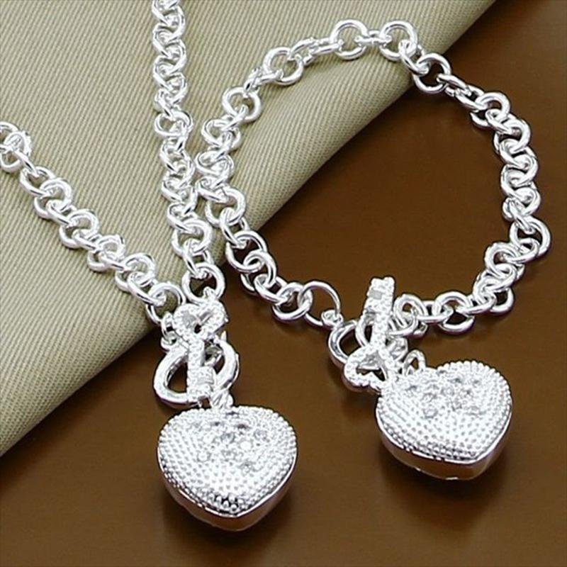 2026 Korean Silver Jewelry Plated 925 Silver Stone Heart Necklace Bracelet Set 20CM+45CM