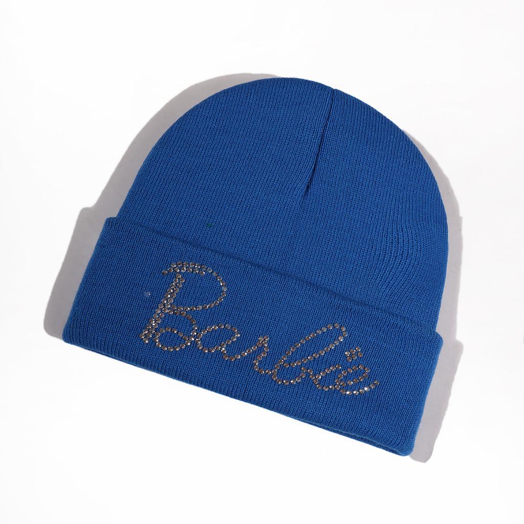 Solid Fashionable Color Knitted Hat With Alphabet Rhinestone Decor For Daily