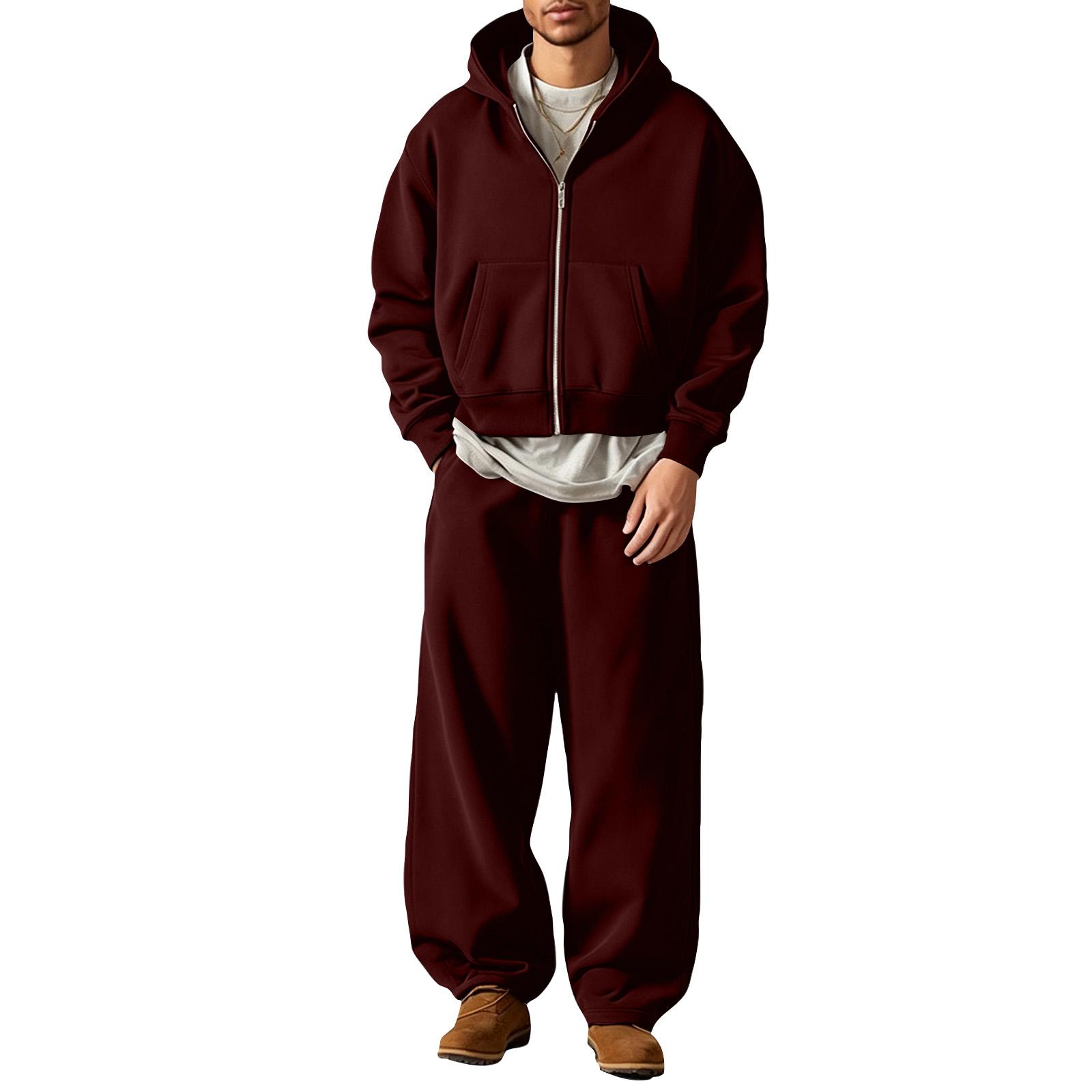 Winter Kapuzen-Reißverschluss-Sweatshirt und Jogginghosen Set Passendes Trainingsanzug für Damen und Herren L weinrot