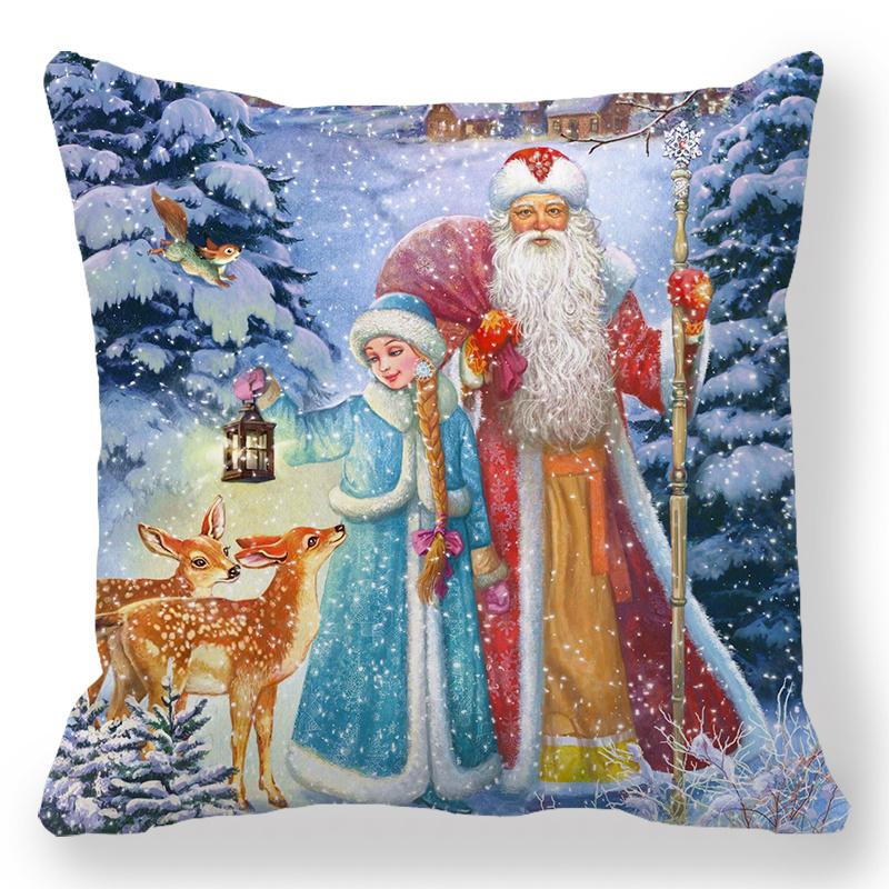 Šťastný Nový Rok 2023 Vánoční ozdoba Santa Elk Sofa Dekorativní povlak na polštář 45x45cm