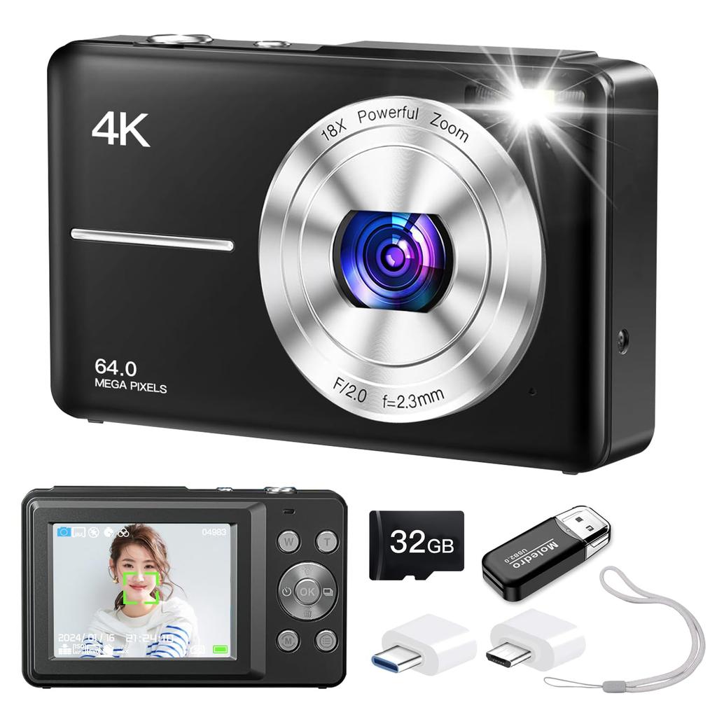 Moledro 4K Digital Camera, 64MP, 32GB Micro SD Card Included, 18x Digital Zoom, Autofocus, Webcam, LED Light, Image Stabilization, Multiple Filters,