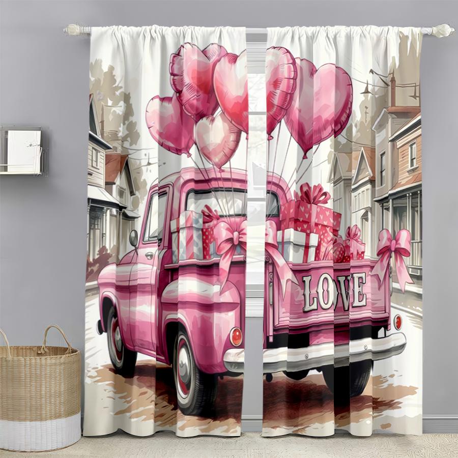 2PCS Pink Love Truck Romantic Curtains   American Sweet Element Style   Bedroom and Living Room   Drawbar Pocket Decoration