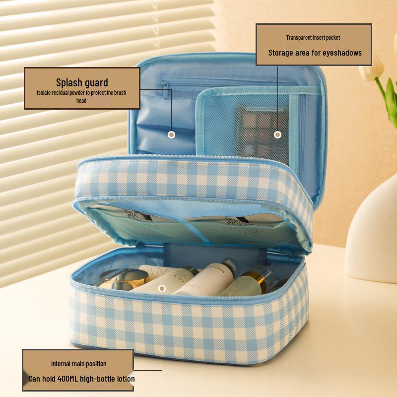 

2025 Plaid Double-Layer Waterproof Makeup Bag - Large Capacity Portable Travel Storage 24x14x21 cm