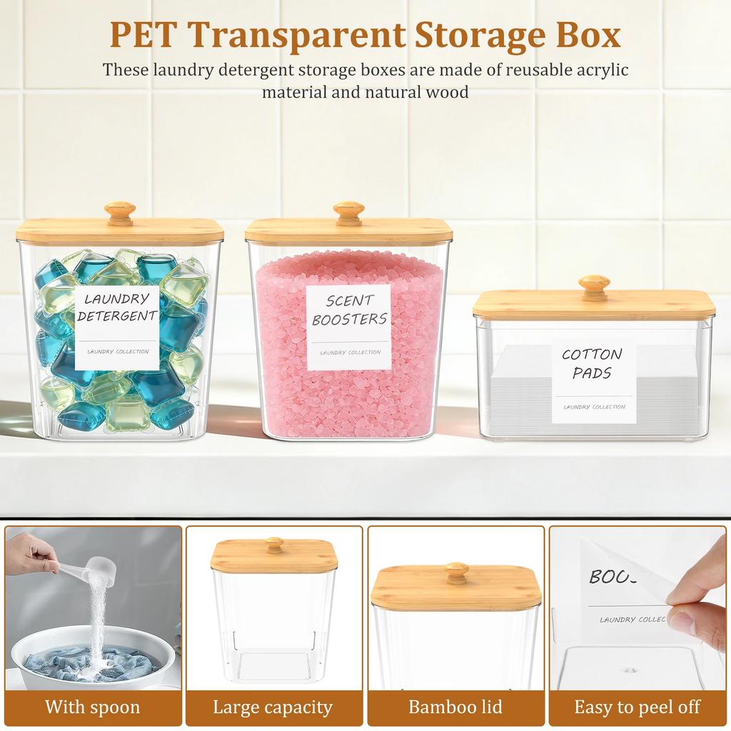 3/4 Stück Waschpulverbehälter PET Transparente Aufbewahrungsbox mit Bambusdeckel und Löffel Trocknertuchhalter Set Wäschezubehör