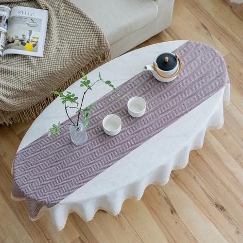 Ovaal Tafelkleed Kant Rand Streep Patroon Tafelhoes Mooi Katoen Linnen Nieuwjaarstafelkleed Salontafel voor Woonkamer 120x180cm