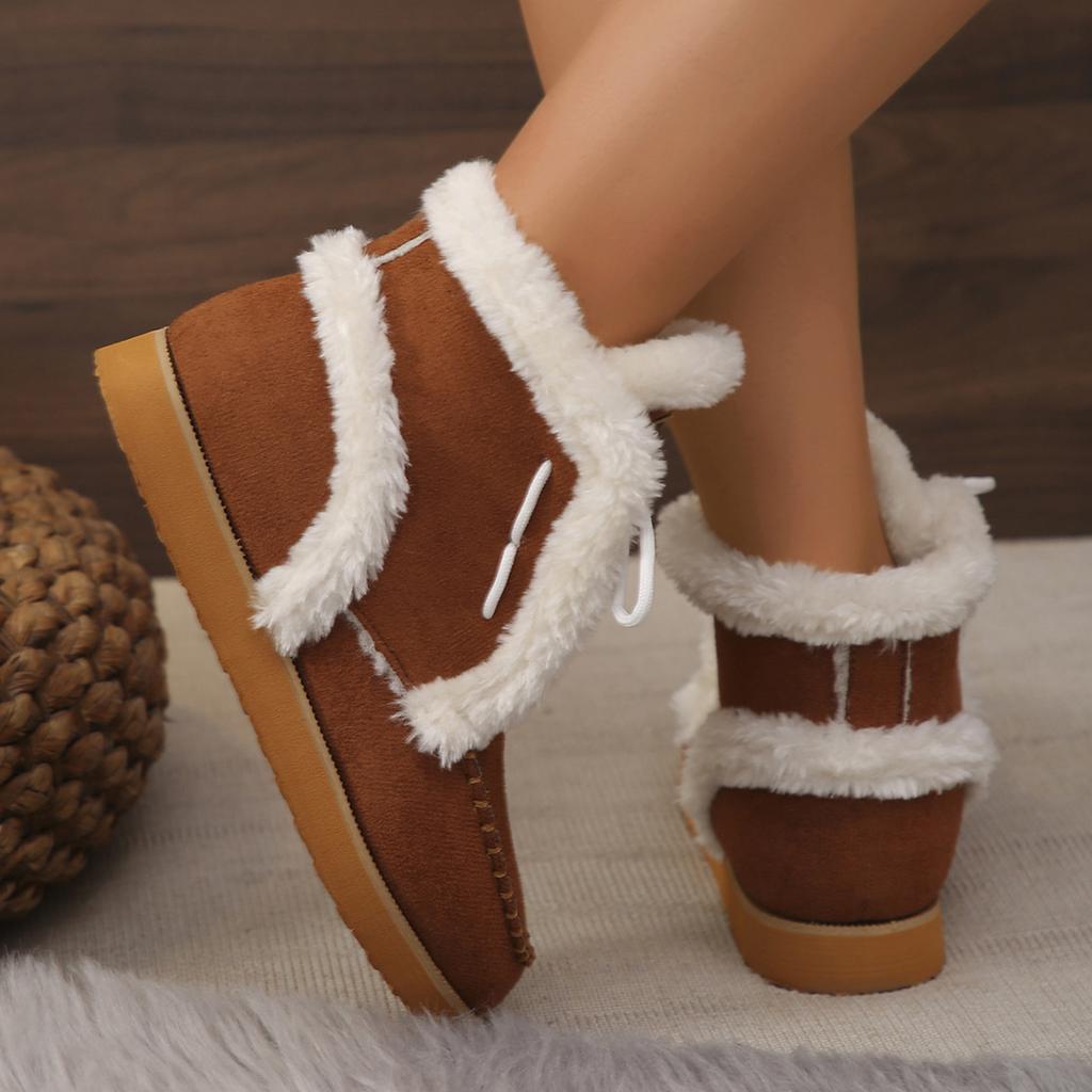 Moda feminina botas de neve de pele sintética quentes, inverno térmico grosso pelúcia botas de tornozelo mulher saltos baixos aconchegantes rendas algodão acolchoado sapatos mulher