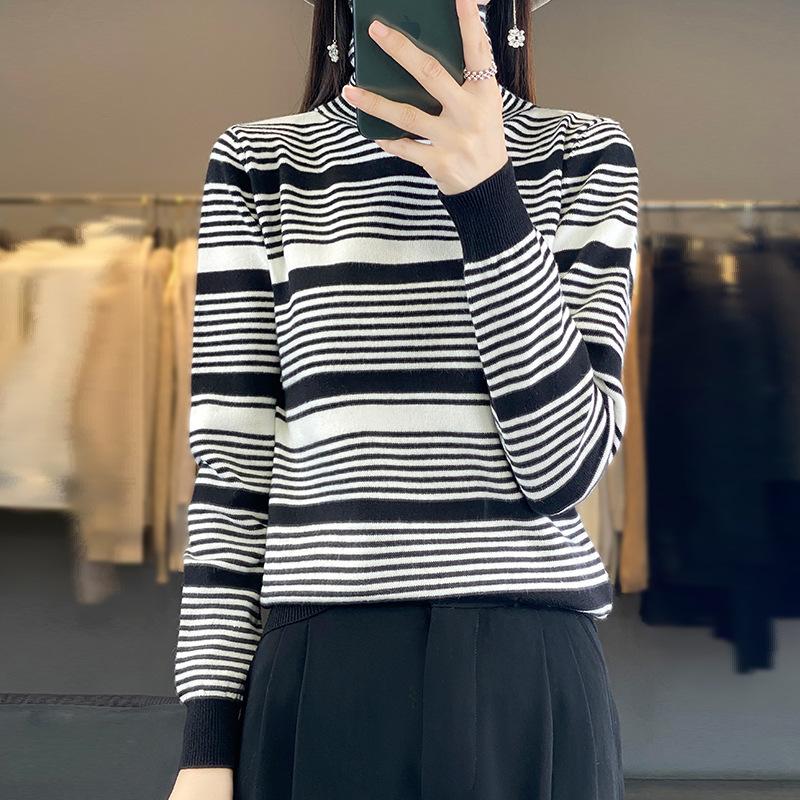 

Осень и зима новый полосатый свитер с высоким воротником, вязаный пуловер, свободный и тонкий теплый свитер, универсальное женское пальто S