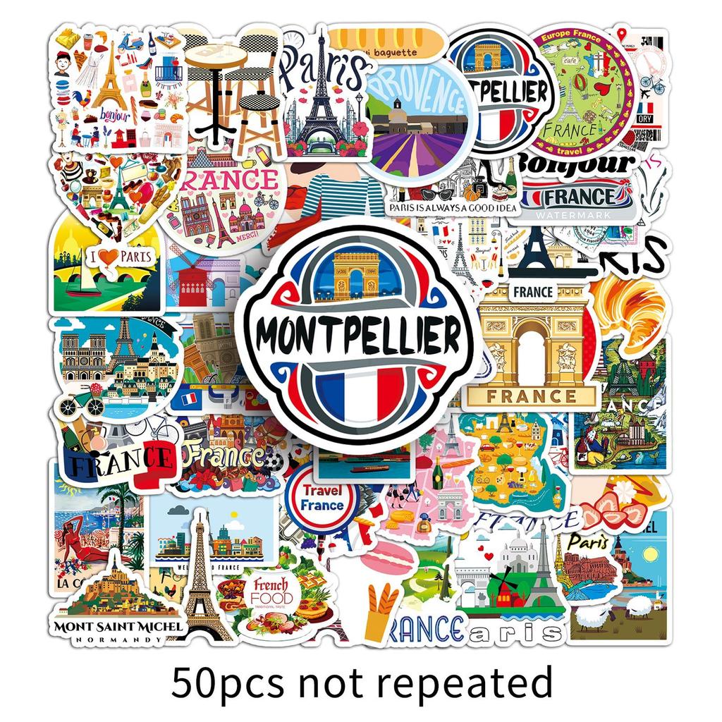 50 French French Personality Cartoon Outdoor Travel Landscape Landmark Decorative Water Cup Suitcase Stickers
