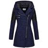 Wollmantel für Damen im europäischen und amerikanischen Stil mit Kapuze und schrägem Reißverschluss – dicker, warmer, mittellanger Windbreaker