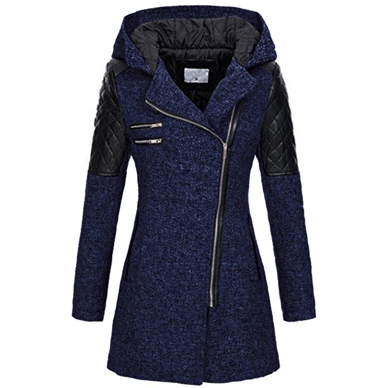 Wollmantel für Damen im europäischen und amerikanischen Stil mit Kapuze und schrägem Reißverschluss – dicker, warmer, mittellanger Windbreaker