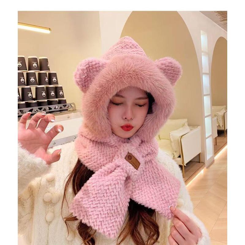 Cute Little Bear Fluffy Hat for Women In Winter Scarf Integrated Warm Ear Protection Hat Thickened Scarf Cold Protection Lei Feng Hat