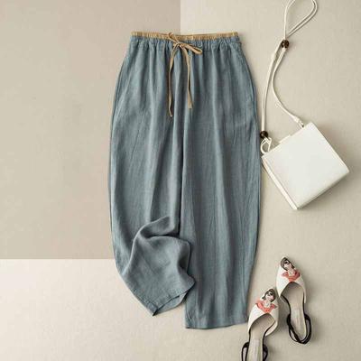 Zomer Retro Katoenen Linnen Losse Harembroek Elastische Taille met Trekkoord Casual Broek Basic Veelzijdigheid Wijde Broek Enkellange Broek