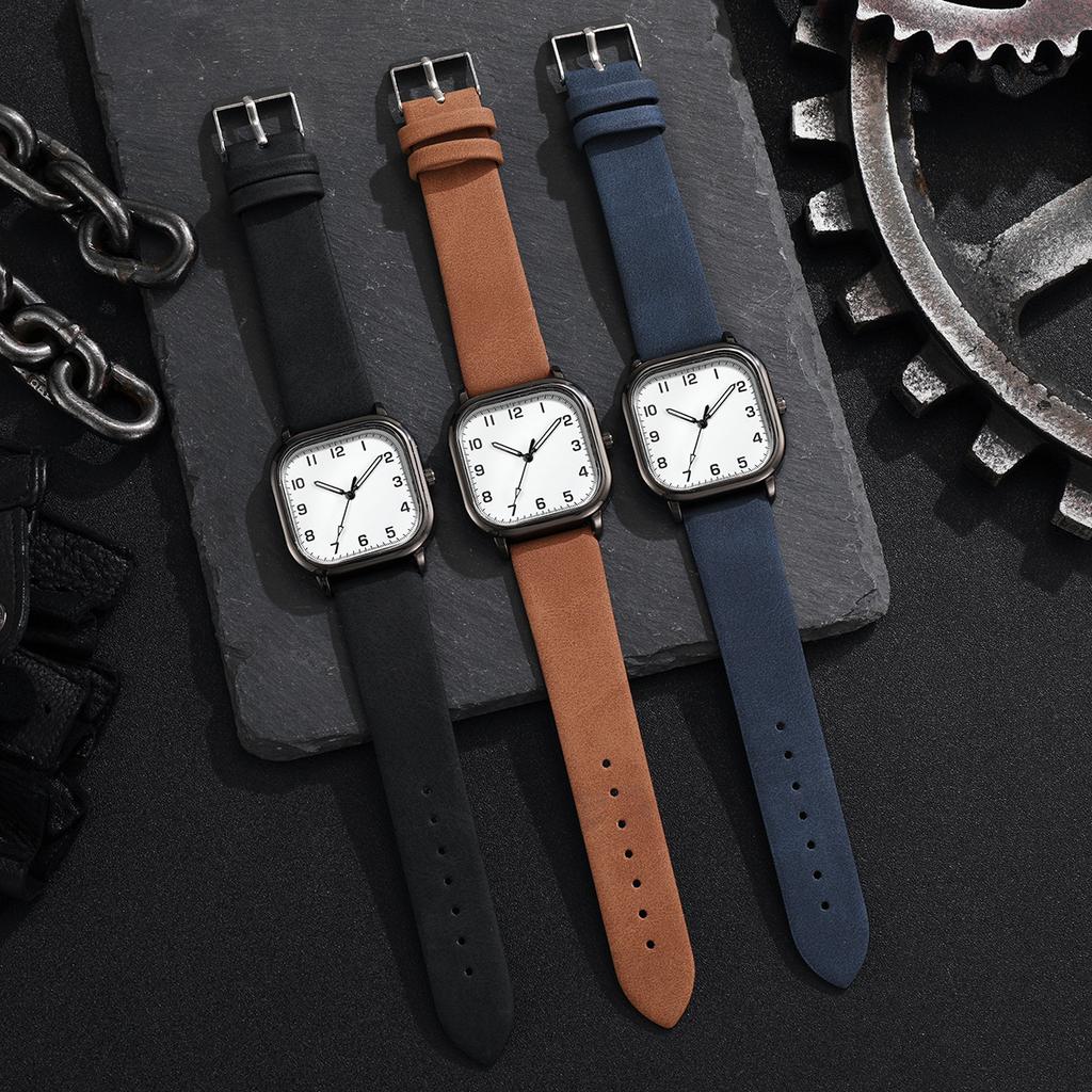3PCS Men Business Watches Fashion Square Arabic Dial Quartz Watch Casual Leather Band Wristwatches for Men Clock