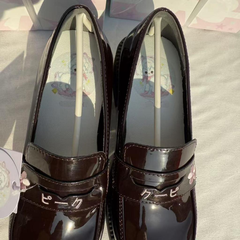 Preppy Gilrs Lolita JK Sewing Shoes,Female Students School Embroidered Cherry Block Kitten Heels Loafers