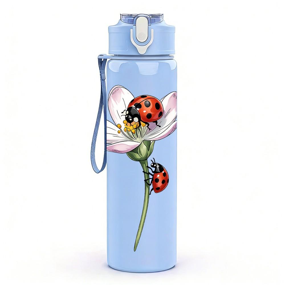 1PC Ladybug Flower Watercolor Print 750ml Color Plastic Sports Water Bottle Leakproof Flip Straw Lid Suitable for Sports Office Home Use