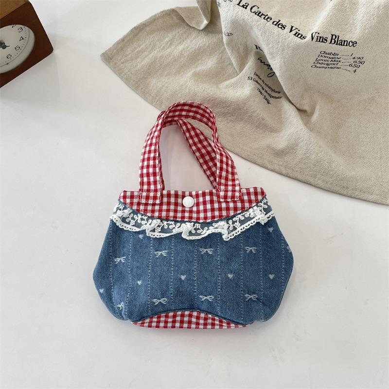 5 Sweet Little Fresh Lace Handbag Retro Fashion Red and Blue Contrasting Color Plaid Handbag