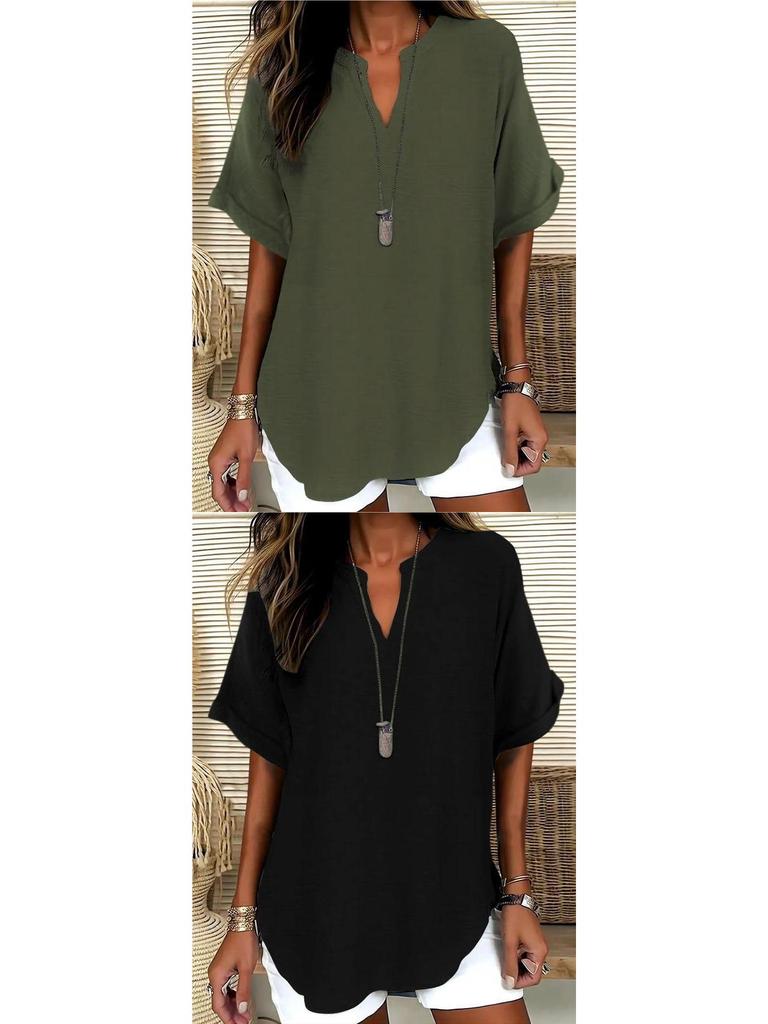 Women's Summer Loose Solid V-Neck Casual Shirt