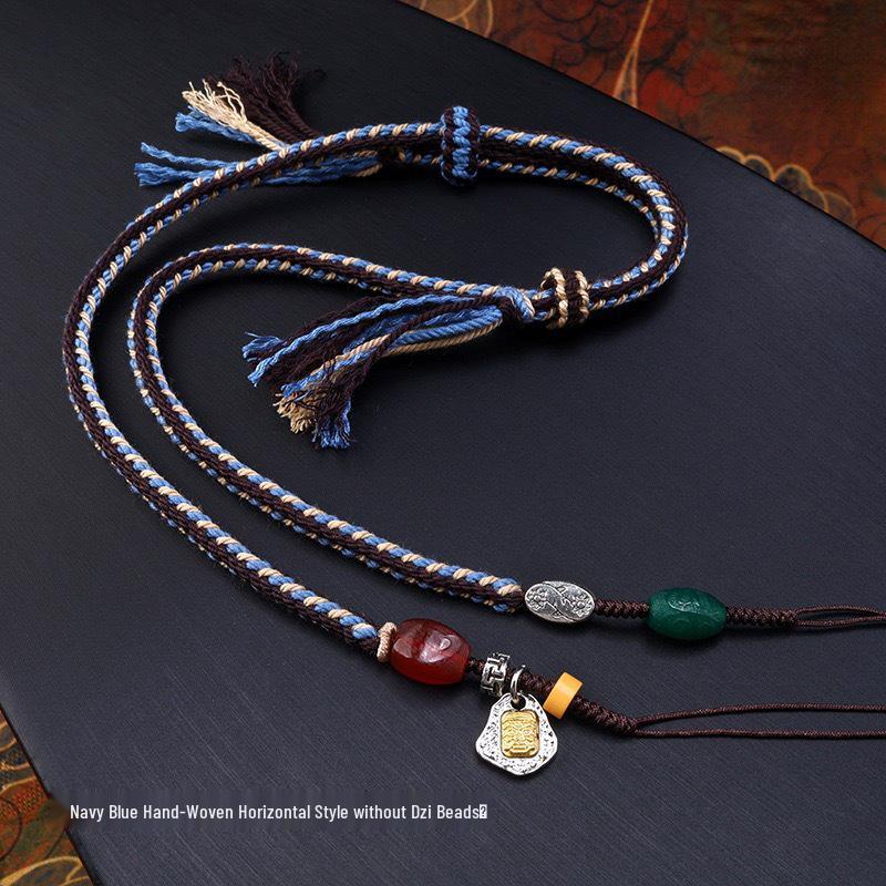 Handmade Tibetan Braided Rope Necklace with Dzi Bead, Adjustable Clavicle Chain Pendant