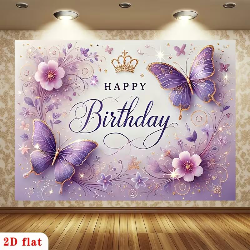 

2D Soft Purple & Gold Butterfly Themed Birthday Photo Booth Background Cloth 47.2x31.5inch/120*80cm