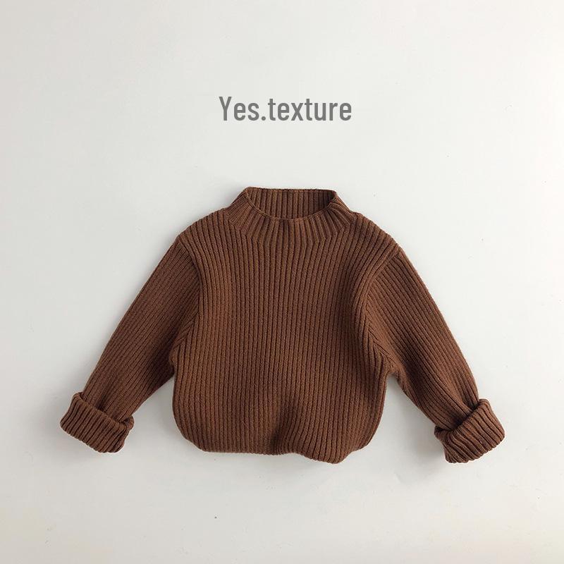 Unisex Earth Tones Ribbed Semi-High Neck Stretch Sweater for Kids – Slim Fit Korean Style Knit T-Shirt