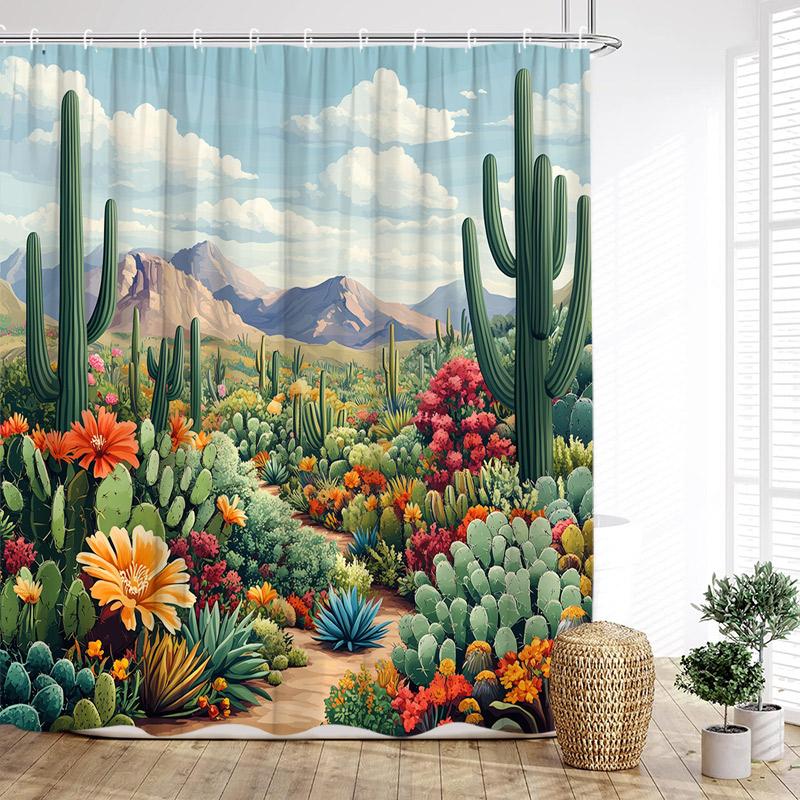Colourful Tropical Plants Shower Curtains Desert Cactus Monstera Bonsai Leaves Bath Curtain Set Fabric Bathroom Decor with Hooks