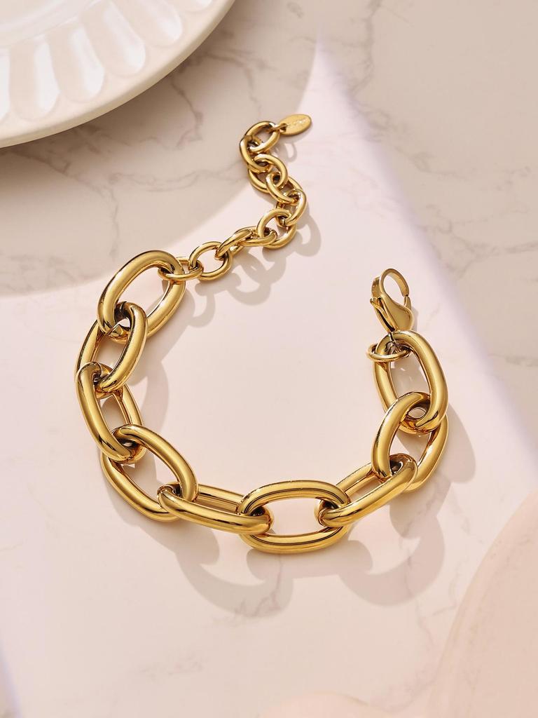 18K Gold-Plated Hip Hop Chain Necklace & Bracelet Set - European & American Style, Stainless Steel, Simple Luxury