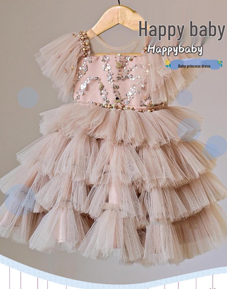 Vestito beige con paillettes a strati e spalline per il primo compleanno di bambina, con gonna in tulle voluminosa e fiocco (2025)
