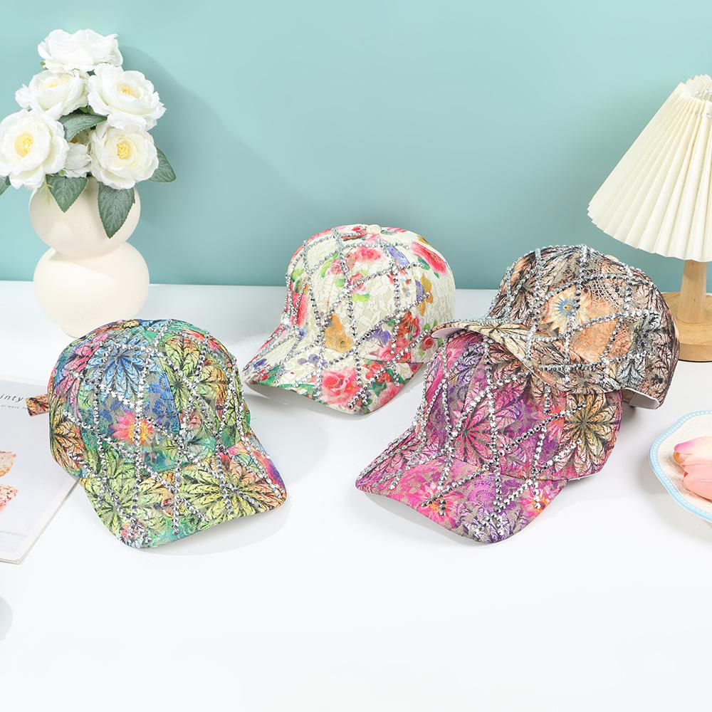 Floral Rhinestone Baseball Cap for Women, Sparkly Lace Pattern Adjustable Sun Hat