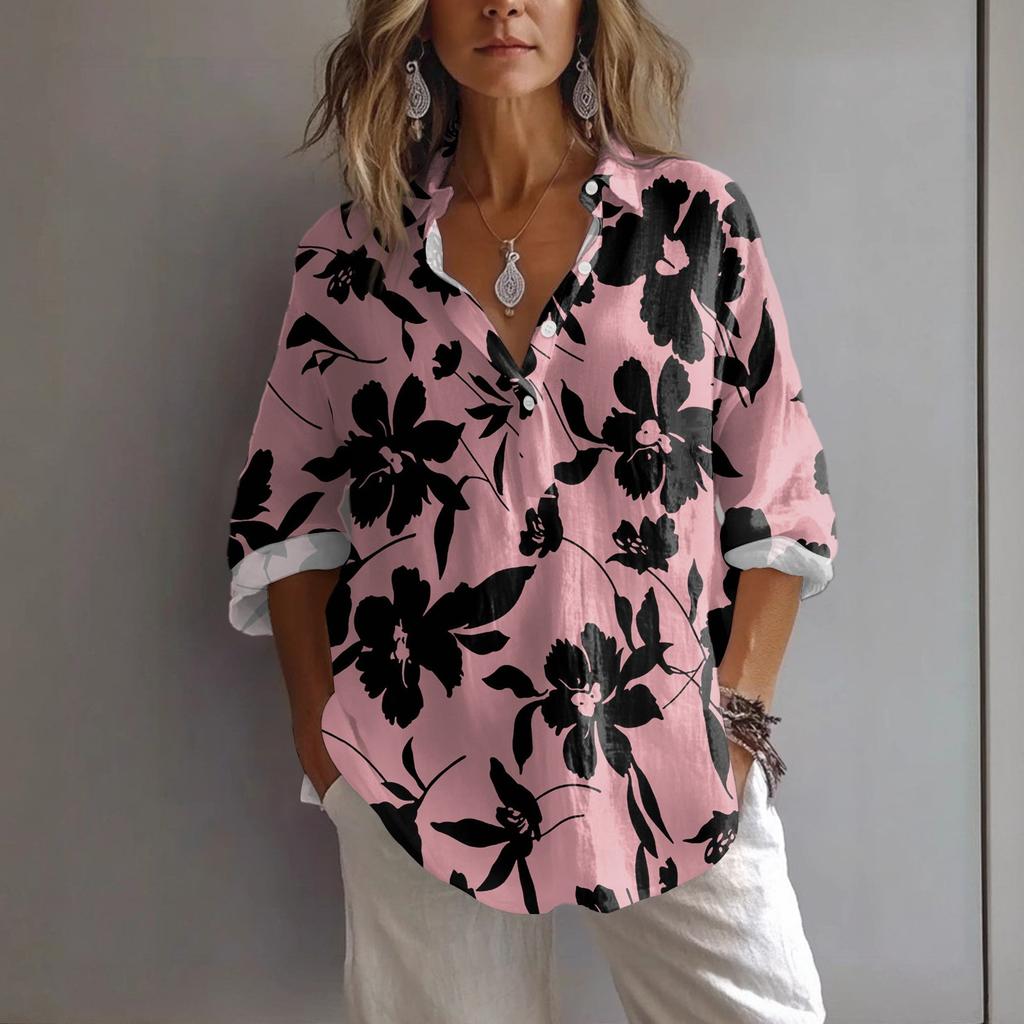 Women's Casual Spring And Summer Loose Printed Casual Sleeved Lapel Pullover Shirt