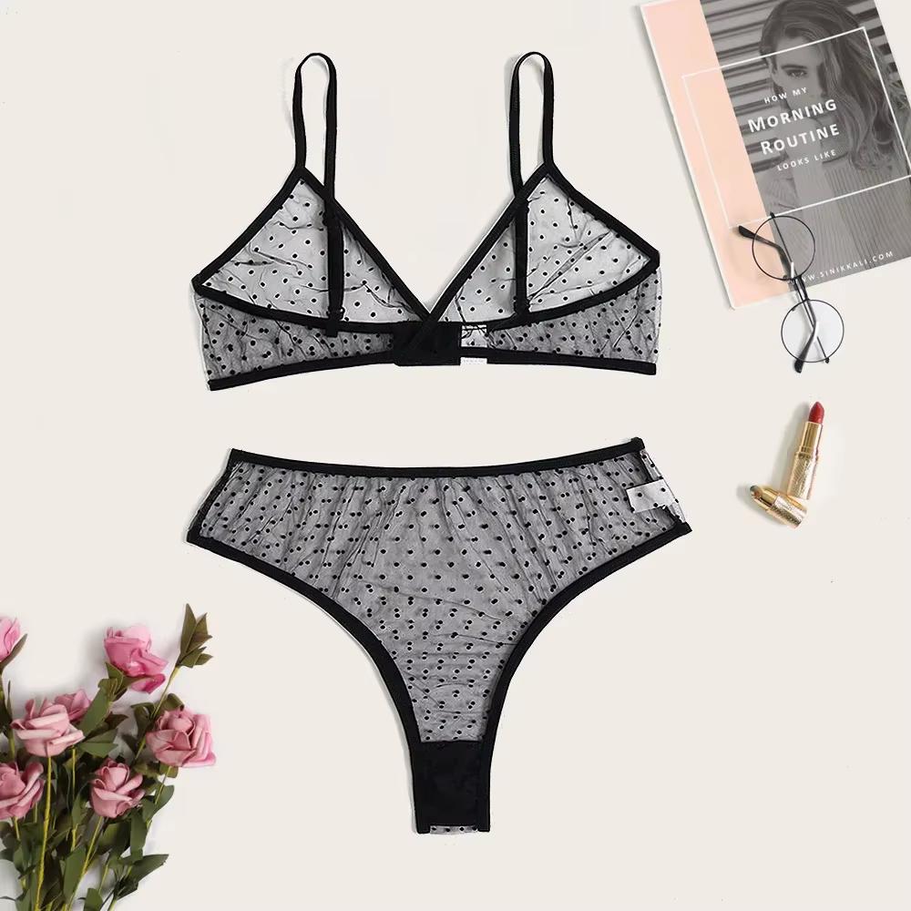New Three-point Womens Lingerie Set Mesh Sling Sexy Suit High Waist Polka Dot Perspective Underwear Sexy Lingerie Babydoll