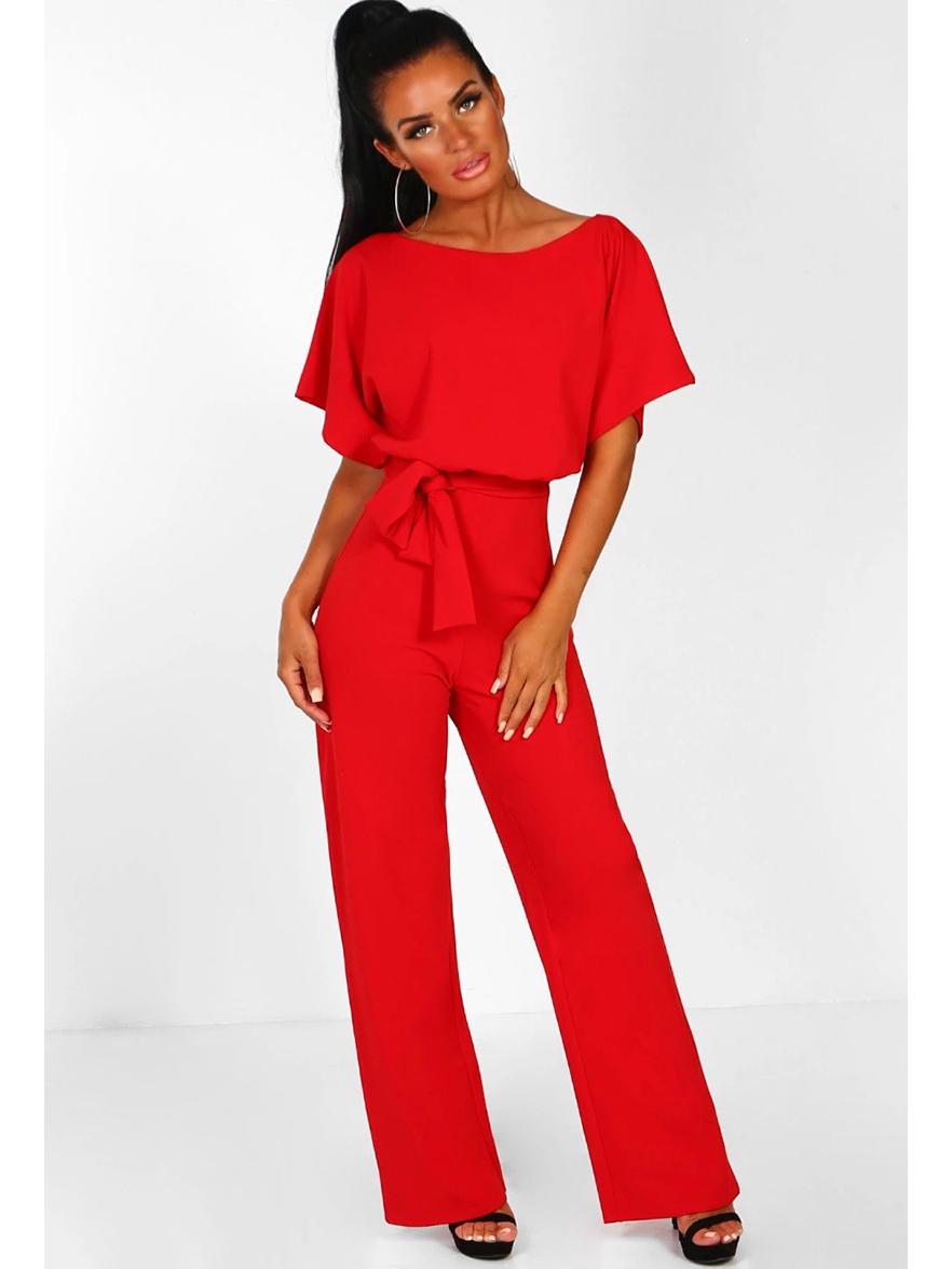 

Жіночий літній комбінезон з коротким рукавом на ґудзиках і зав язках - Європейський та американський стиль L червоний