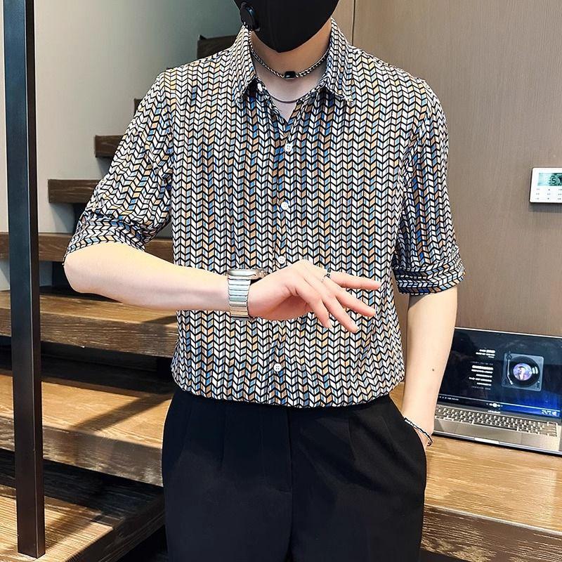 

Геометрические рубашки контрастных цветов с принтом, летние, с отложным воротником, мужская одежда, стильные рубашки с коротким рукавом в деловом повседневном стиле XXXL дубильная кора