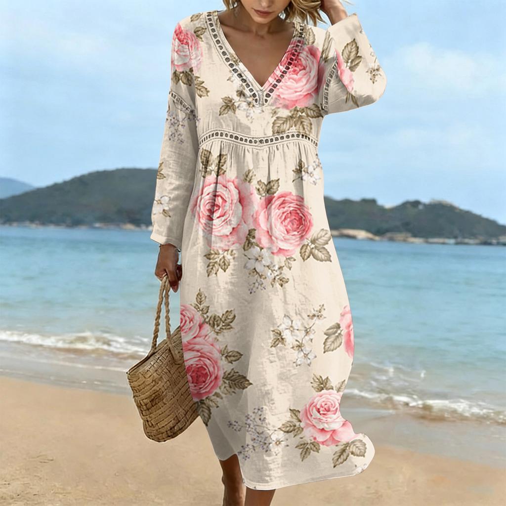 Fashionable Lady's V-neck Mid-length Casual Long-sleeved Dress