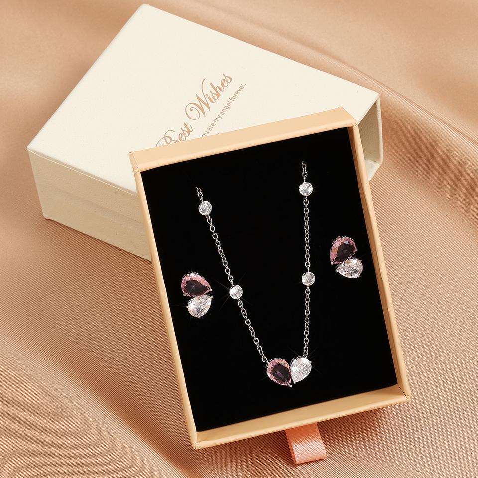 

ZAKOL Fashion Shiny Pink Heart Zircon Earring Necklace Set With Box Exquisite Anniversary Valentine’s Day Zircon Gift for Women розовый