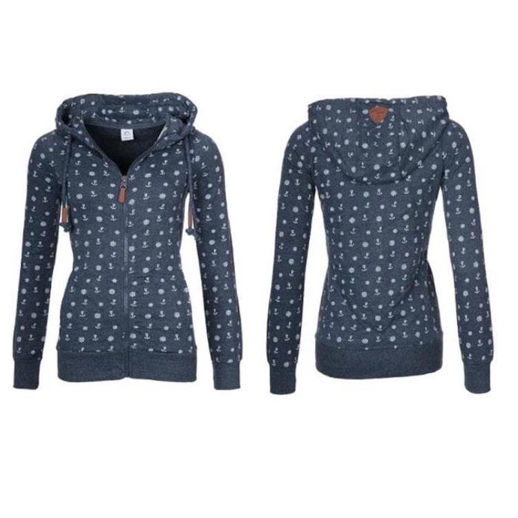 Dámská ležérní nadměrná fleecová mikina s kapucí, na zip, svetr, pulovr, topy, mikina s potiskem mořské kotvy