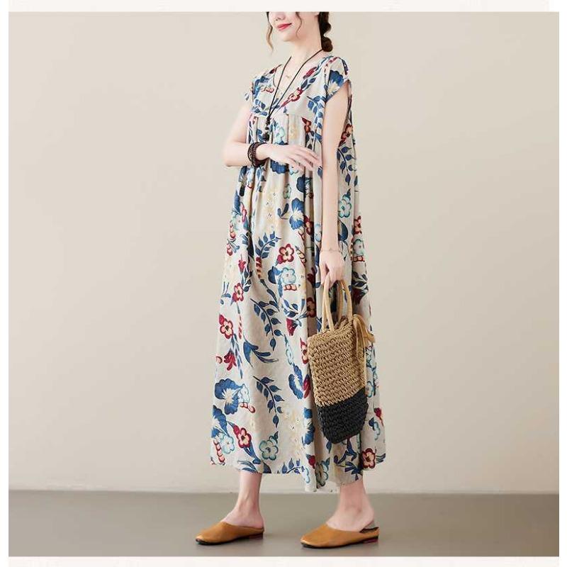 New Literary Retro Large Size Loose Thin Short-sleeved Long Dress Female