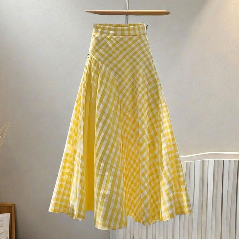 Spring Summer Skirt Dopamine Yellow Waist Plaid Design Long Skirt for Women
