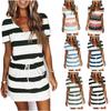 2023 Summer Women's Striped Short Sleeve Dress with Drawstring Mini Skirt