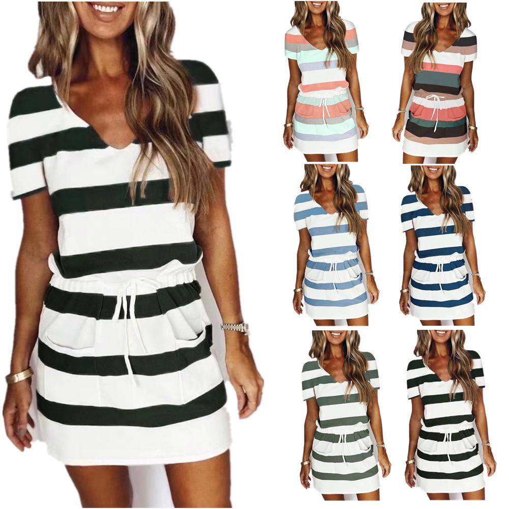 2023 Summer Women's Striped Short Sleeve Dress with Drawstring Mini Skirt
