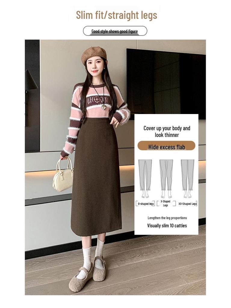 Women's 2025 Pink Wool High-Waist A-Line Midi Skirt for Autumn and Winter